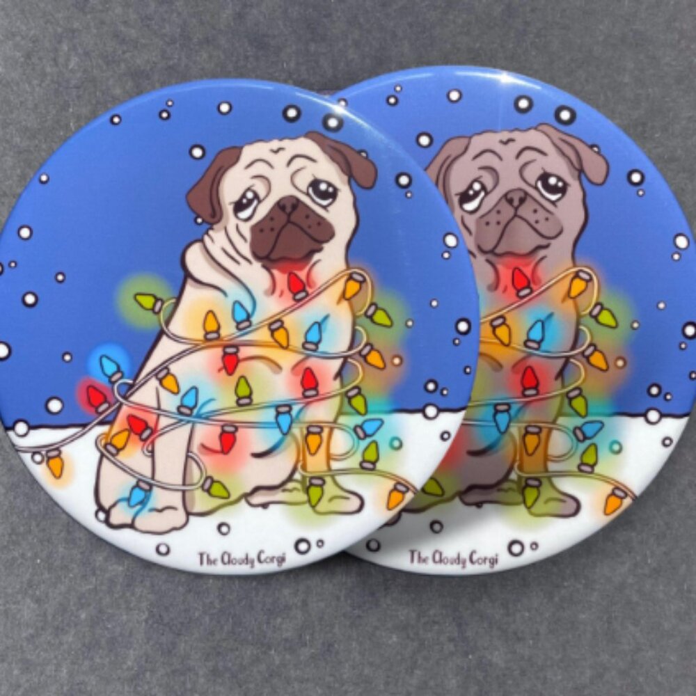 Pug Dog Christmas Pin Button, Magnet, Keychain, Bottle Opener or Mini Ornament